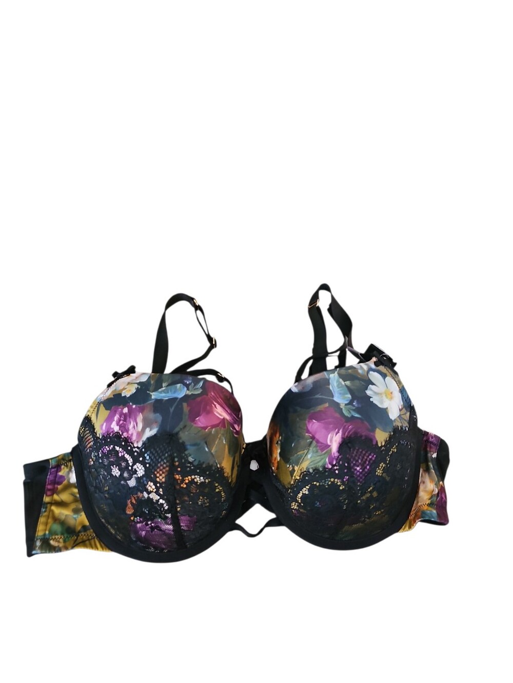 Cacique Black Lace Floral Stretch Satin Boost Balconette Bra Sz 42C New $69 - Picture 5 of 9